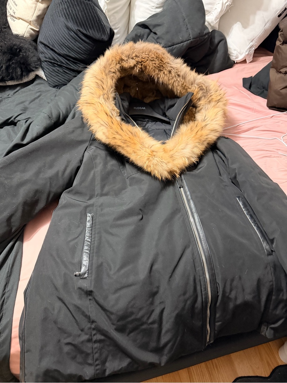 RUDSAK Black Puffer Jacket with Tan Fur-Trim Hood